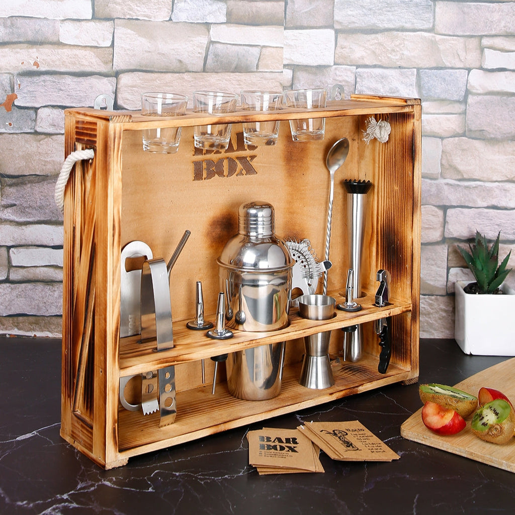 Bar Box Home Bar with Rustic Wood Wall-mount Stand (19-Pcs)(Silver)