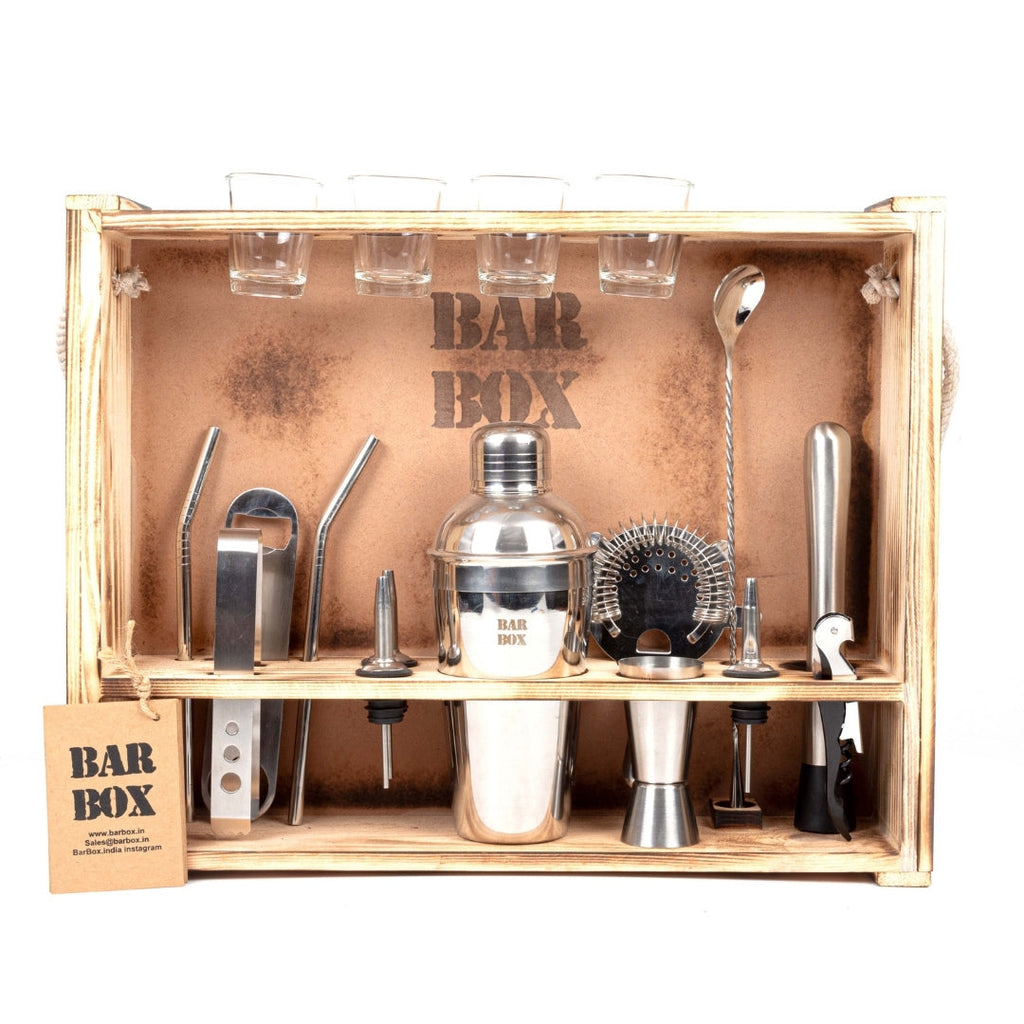 Bar Box Home Bar with Rustic Wood Wall-mount Stand (19-Pcs)(Silver)