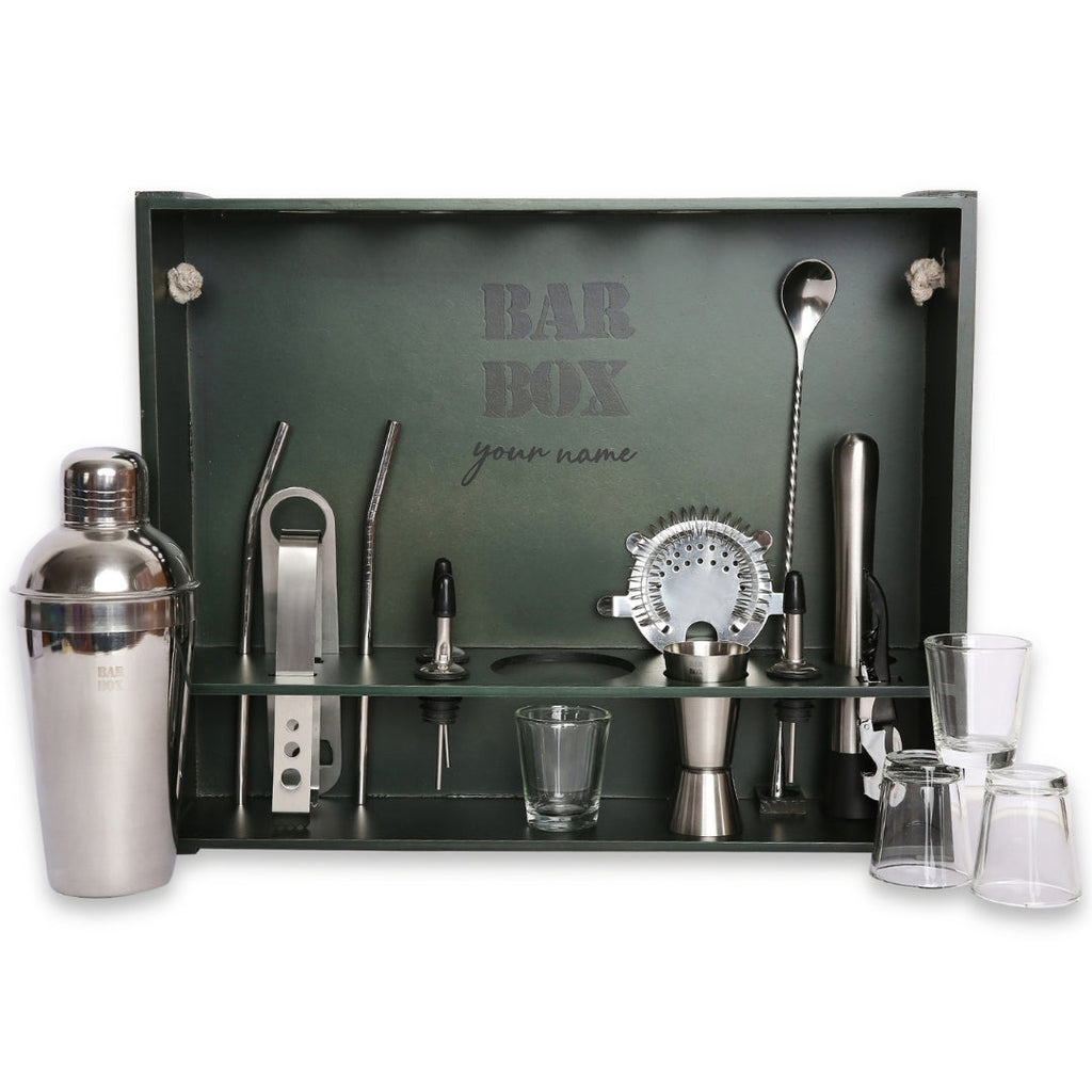 Bar Box Silver Home Bar Kit with Military Green Wall-mount Stand (19-Pcs)