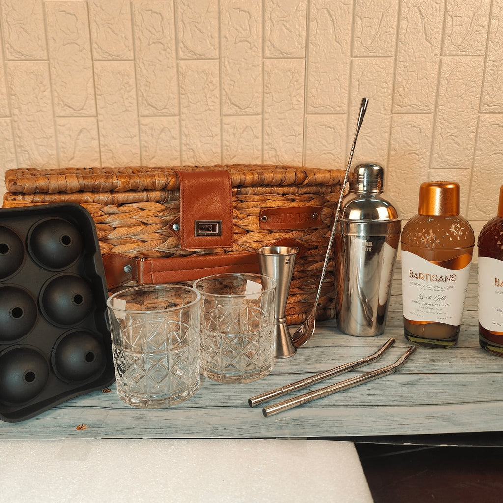 Bar Box Wicker Basket Set with Cocktail Shaker, Bar Spoon, Japanese Jigger, Ice Mould, 2 Stainless Steel Straws, 2 Crystal Glasses