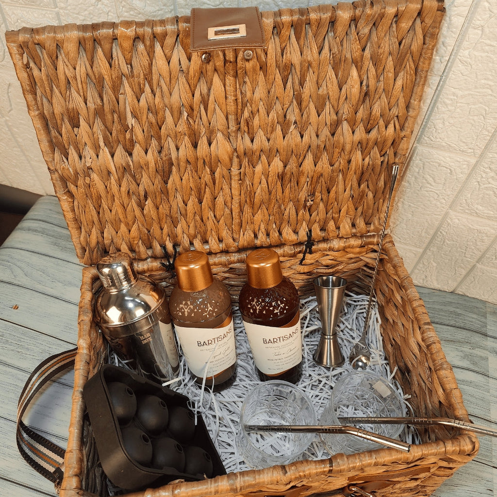 Bar Box Wicker Basket Set with Cocktail Shaker, Bar Spoon, Japanese Jigger, Ice Mould, 2 Stainless Steel Straws, 2 Crystal Glasses
