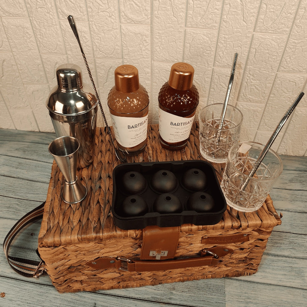Bar Box Wicker Basket Set with Cocktail Shaker, Bar Spoon, Japanese Jigger, Ice Mould, 2 Stainless Steel Straws, 2 Crystal Glasses