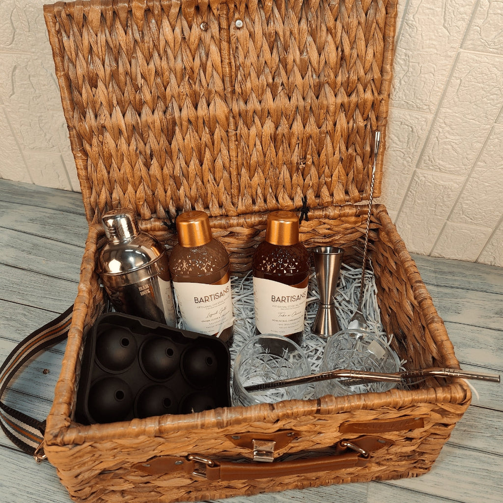 Bar Box Wicker Basket Set with Cocktail Shaker, Bar Spoon, Japanese Jigger, Ice Mould, 2 Stainless Steel Straws, 2 Crystal Glasses