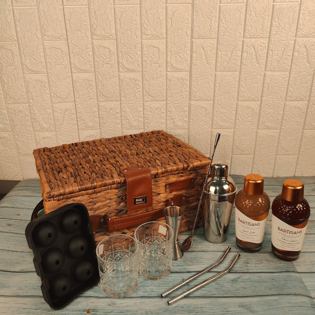 Bar Box Wicker Basket Set with Cocktail Shaker, Bar Spoon, Japanese Jigger, Ice Mould, 2 Stainless Steel Straws, 2 Crystal Glasses