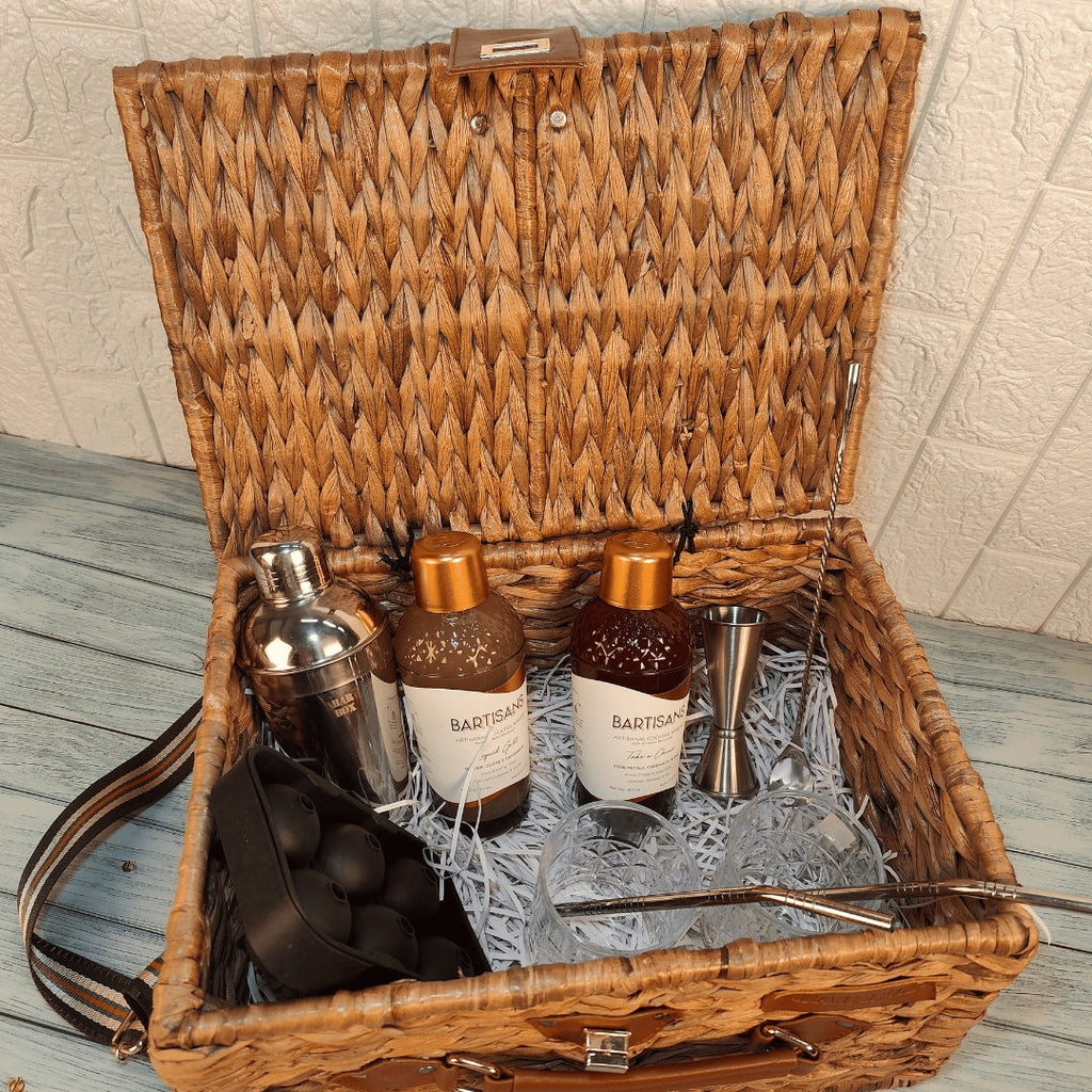 Bar Box Wicker Basket Set with Cocktail Shaker, Bar Spoon, Japanese Jigger, Ice Mould, 2 Stainless Steel Straws, 2 Crystal Glasses