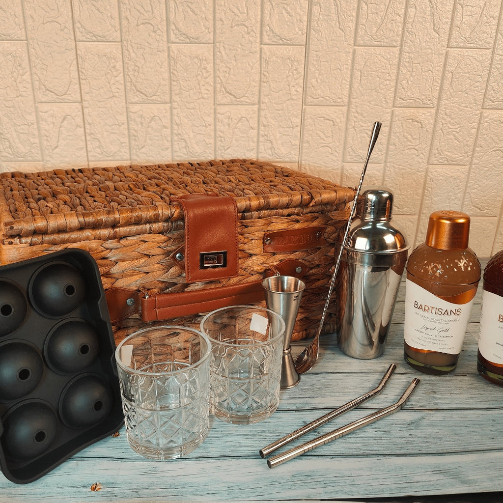 Bar Box Wicker Basket Set with Cocktail Shaker, Bar Spoon, Japanese Jigger, Ice Mould, 2 Stainless Steel Straws, 2 Crystal Glasses