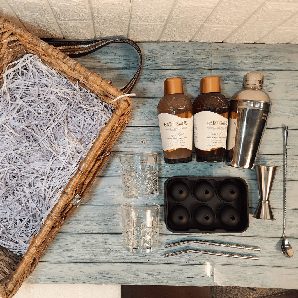 Bar Box Wicker Basket Set with Cocktail Shaker, Bar Spoon, Japanese Jigger, Ice Mould, 2 Stainless Steel Straws, 2 Crystal Glasses