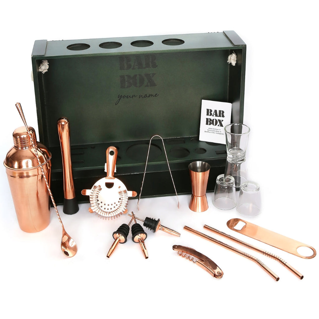 BarBox1 Cocktail & Barware Tool Sets Home Bar Kit with Military Green Wall-mount Stand (19-Pcs)(Rose Gold)