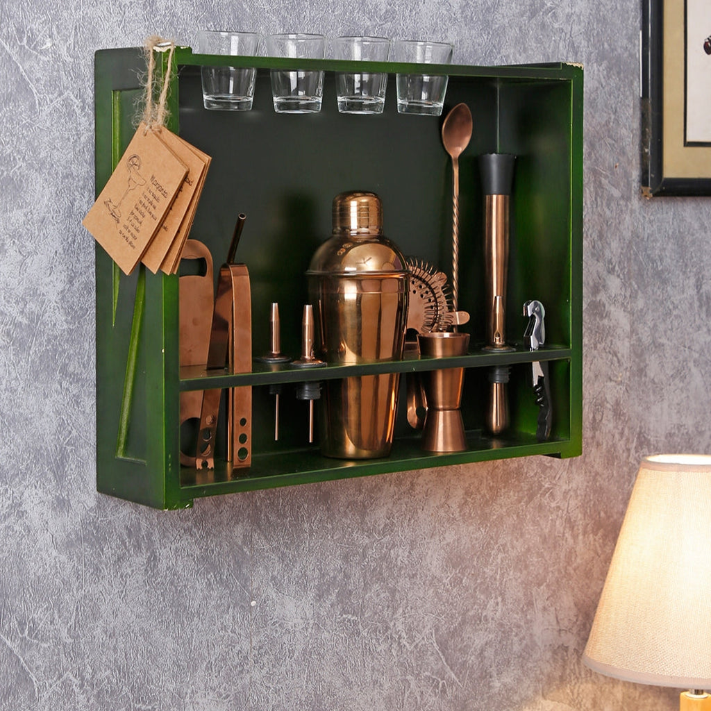 BarBox1 Cocktail & Barware Tool Sets Home Bar Kit with Military Green Wall-mount Stand (19-Pcs)(Rose Gold)