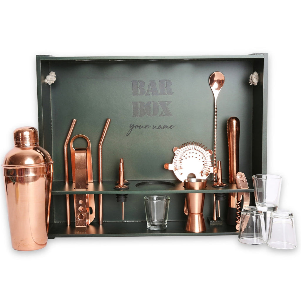 BarBox1 Cocktail & Barware Tool Sets Home Bar Kit with Military Green Wall-mount Stand (19-Pcs)(Rose Gold)