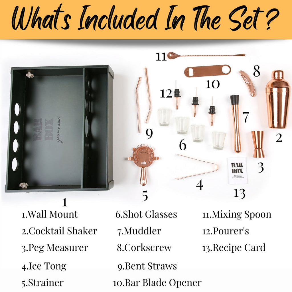 BarBox1 Cocktail & Barware Tool Sets Home Bar Kit with Military Green Wall-mount Stand (19-Pcs)(Rose Gold)