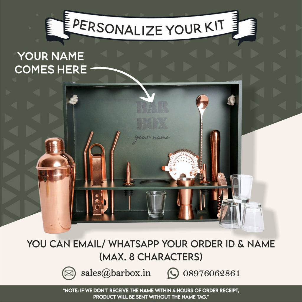 BarBox1 Cocktail & Barware Tool Sets Home Bar Kit with Military Green Wall-mount Stand (19-Pcs)(Rose Gold)