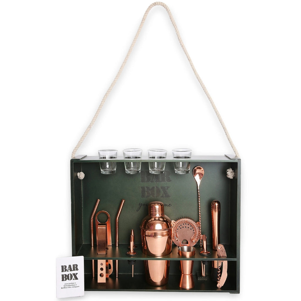 BarBox1 Cocktail & Barware Tool Sets Home Bar Kit with Military Green Wall-mount Stand (19-Pcs)(Rose Gold)